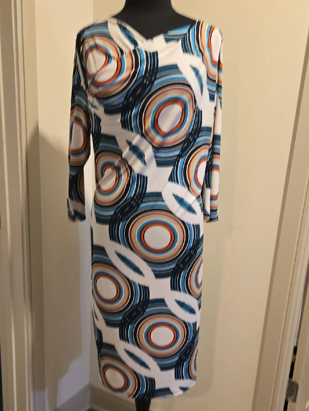 Liz Claiborne White Dress with Blue & Orange Circular Print - Picture 1 of 7